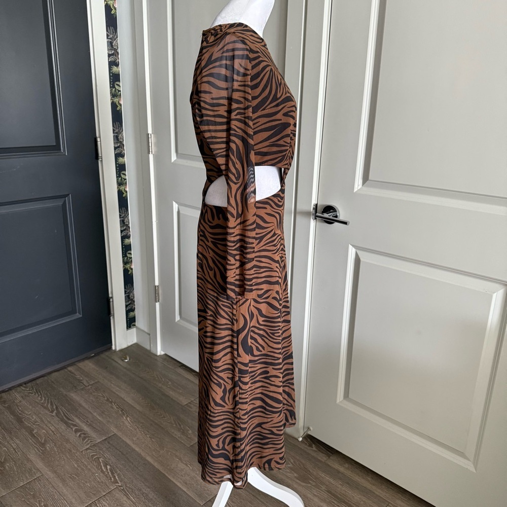 Anna Brown and Black Zebra Print Mesh Midi Cut-out Dress Size M - Picture 4 of 9